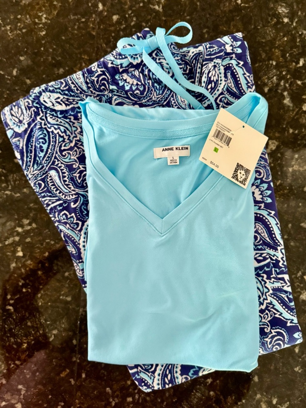 Anne Klein Aqua V-Neck Top with Navy Paisley Drawstring Pants lounge set L